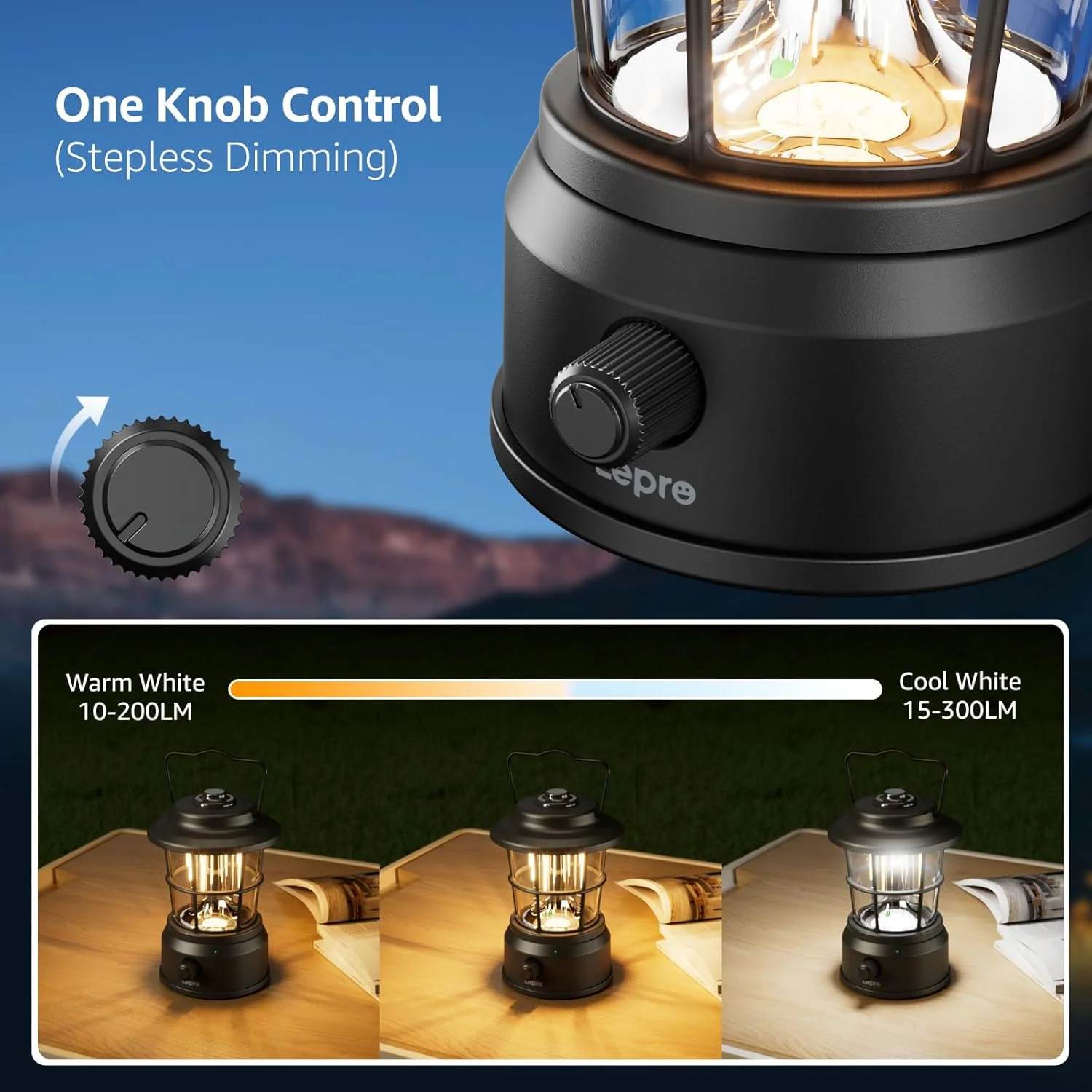 Lepro Rechargeable Camping Lantern, 300LM Retro Camping Tent Light with Knob Control, Dimmable Warm & Cool White, Type-C Charging, 3600mAh Portable Hanging Lamp for Power Cuts, Garden, Fishing, Black - Image 2