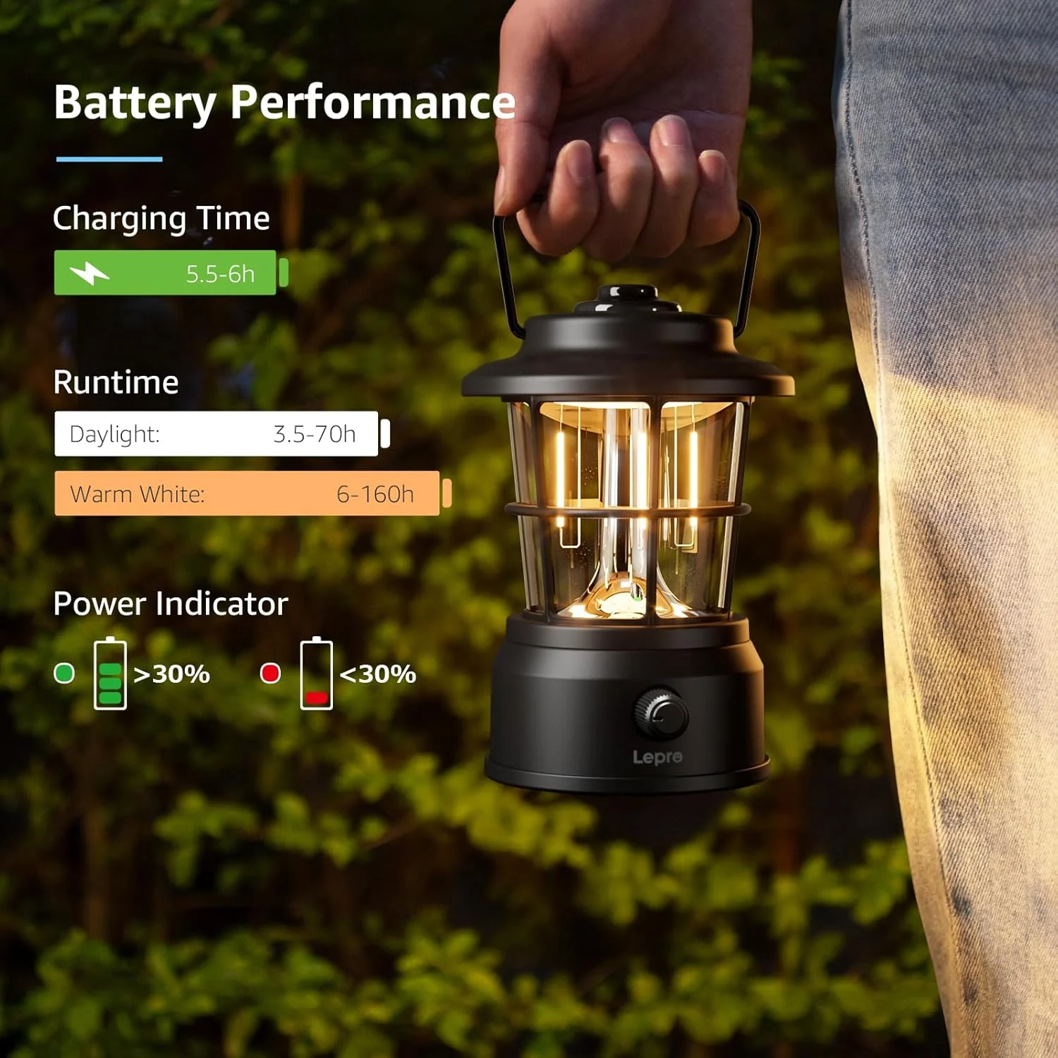 Lepro Rechargeable Camping Lantern, 300LM Retro Camping Tent Light with Knob Control, Dimmable Warm & Cool White, Type-C Charging, 3600mAh Portable Hanging Lamp for Power Cuts, Garden, Fishing, Black - Image 3