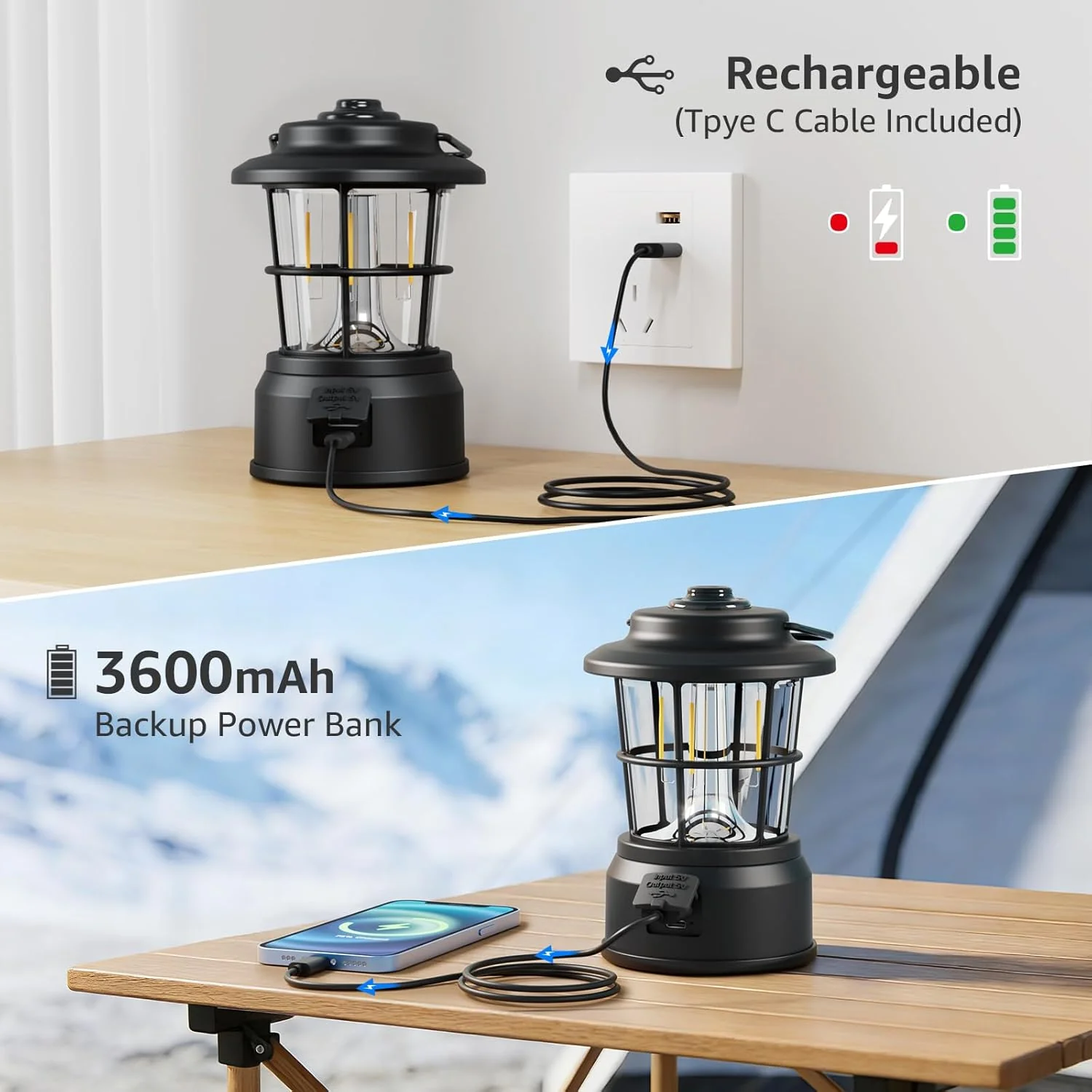 Lepro Rechargeable Camping Lantern, 300LM Retro Camping Tent Light with Knob Control, Dimmable Warm & Cool White, Type-C Charging, 3600mAh Portable Hanging Lamp for Power Cuts, Garden, Fishing, Black - Image 4