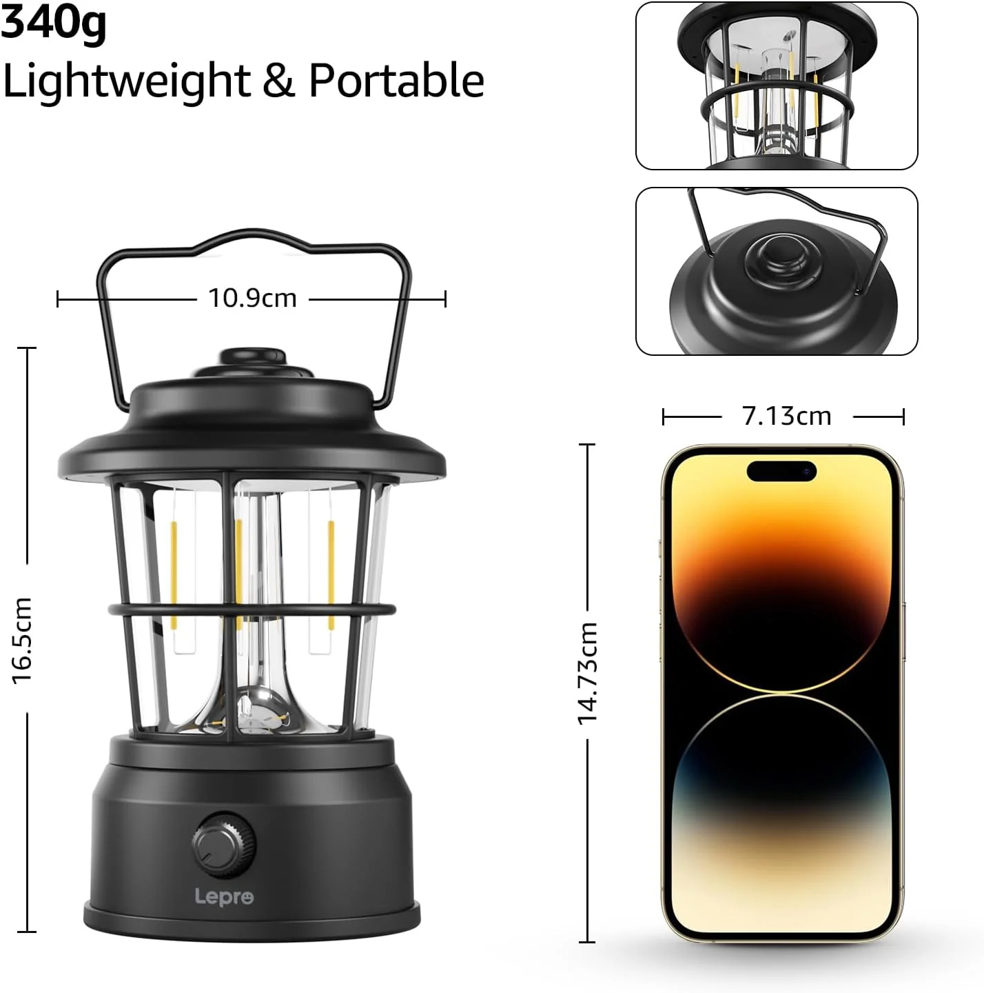 Lepro Rechargeable Camping Lantern, 300LM Retro Camping Tent Light with Knob Control, Dimmable Warm & Cool White, Type-C Charging, 3600mAh Portable Hanging Lamp for Power Cuts, Garden, Fishing, Black - Image 6