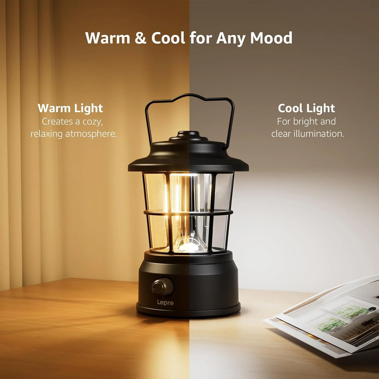 Lepro Rechargeable Camping Lantern, 300LM Retro Camping Tent Light with Knob Control, Dimmable Warm & Cool White, Type-C Charging, 3600mAh Portable Hanging Lamp for Power Cuts, Garden, Fishing, Black - Image 7