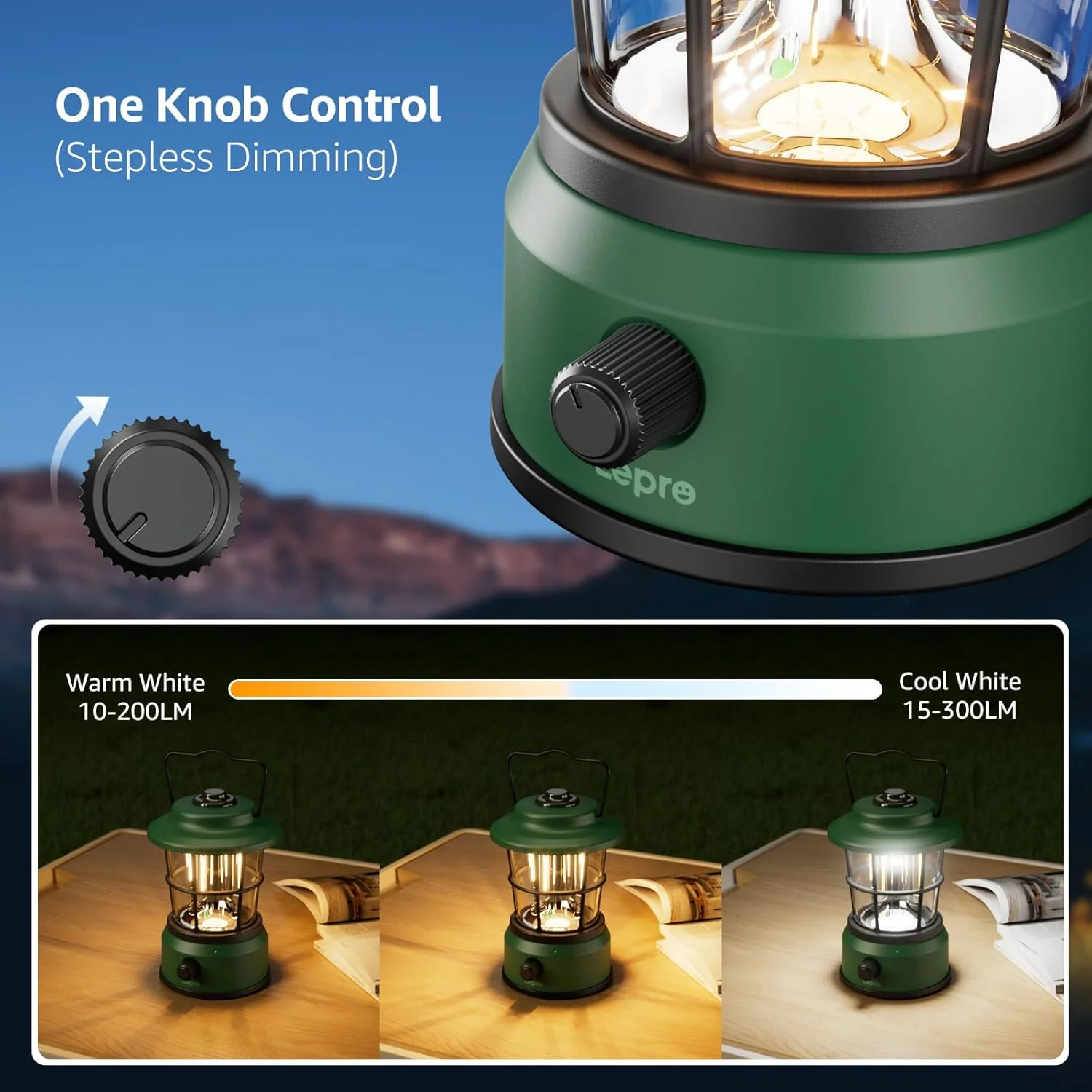 Lepro Rechargeable Camping Lantern, 300LM Retro Camping Tent Light with Knob Control, Dimmable Warm & Cool White, Type-C Charging, 3600mAh Portable Hanging Lamp for Power Cuts, Garden, Fishing, Green - Image 2