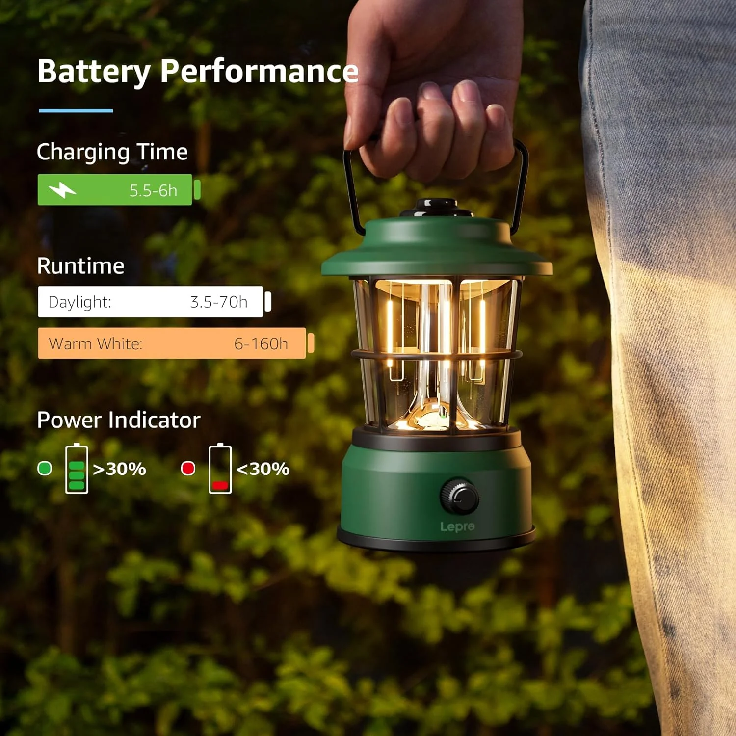 Lepro Rechargeable Camping Lantern, 300LM Retro Camping Tent Light with Knob Control, Dimmable Warm & Cool White, Type-C Charging, 3600mAh Portable Hanging Lamp for Power Cuts, Garden, Fishing, Green - Image 3