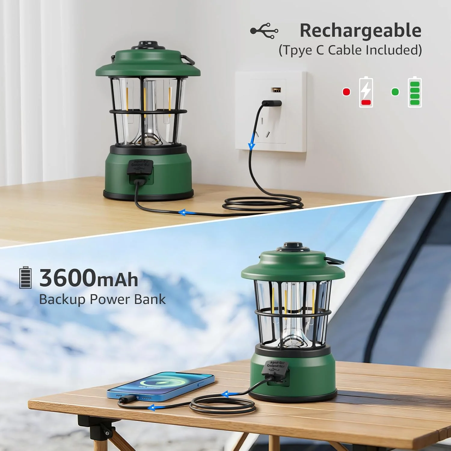 Lepro Rechargeable Camping Lantern, 300LM Retro Camping Tent Light with Knob Control, Dimmable Warm & Cool White, Type-C Charging, 3600mAh Portable Hanging Lamp for Power Cuts, Garden, Fishing, Green - Image 4