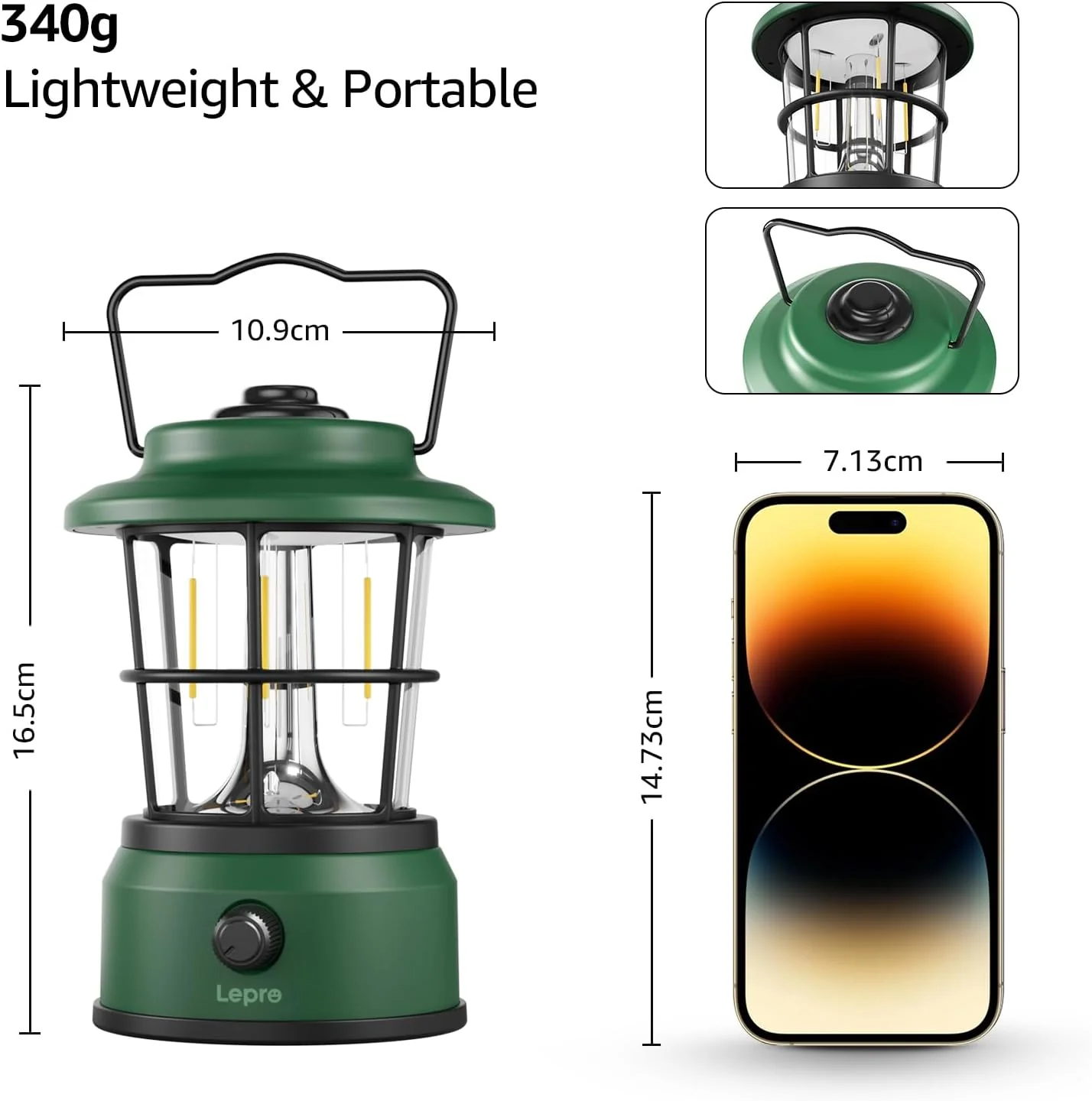 Lepro Rechargeable Camping Lantern, 300LM Retro Camping Tent Light with Knob Control, Dimmable Warm & Cool White, Type-C Charging, 3600mAh Portable Hanging Lamp for Power Cuts, Garden, Fishing, Green - Image 6