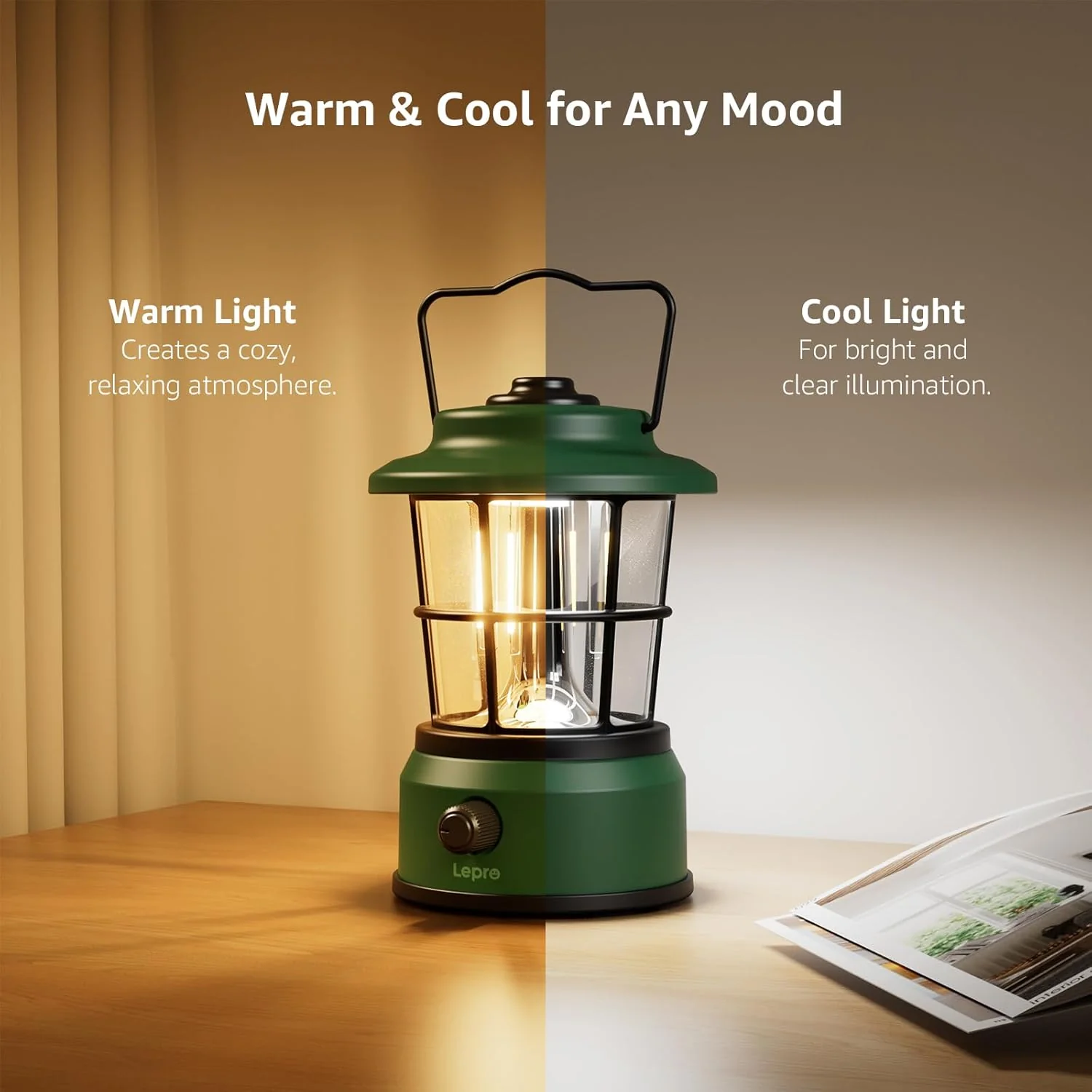 Lepro Rechargeable Camping Lantern, 300LM Retro Camping Tent Light with Knob Control, Dimmable Warm & Cool White, Type-C Charging, 3600mAh Portable Hanging Lamp for Power Cuts, Garden, Fishing, Green - Image 7