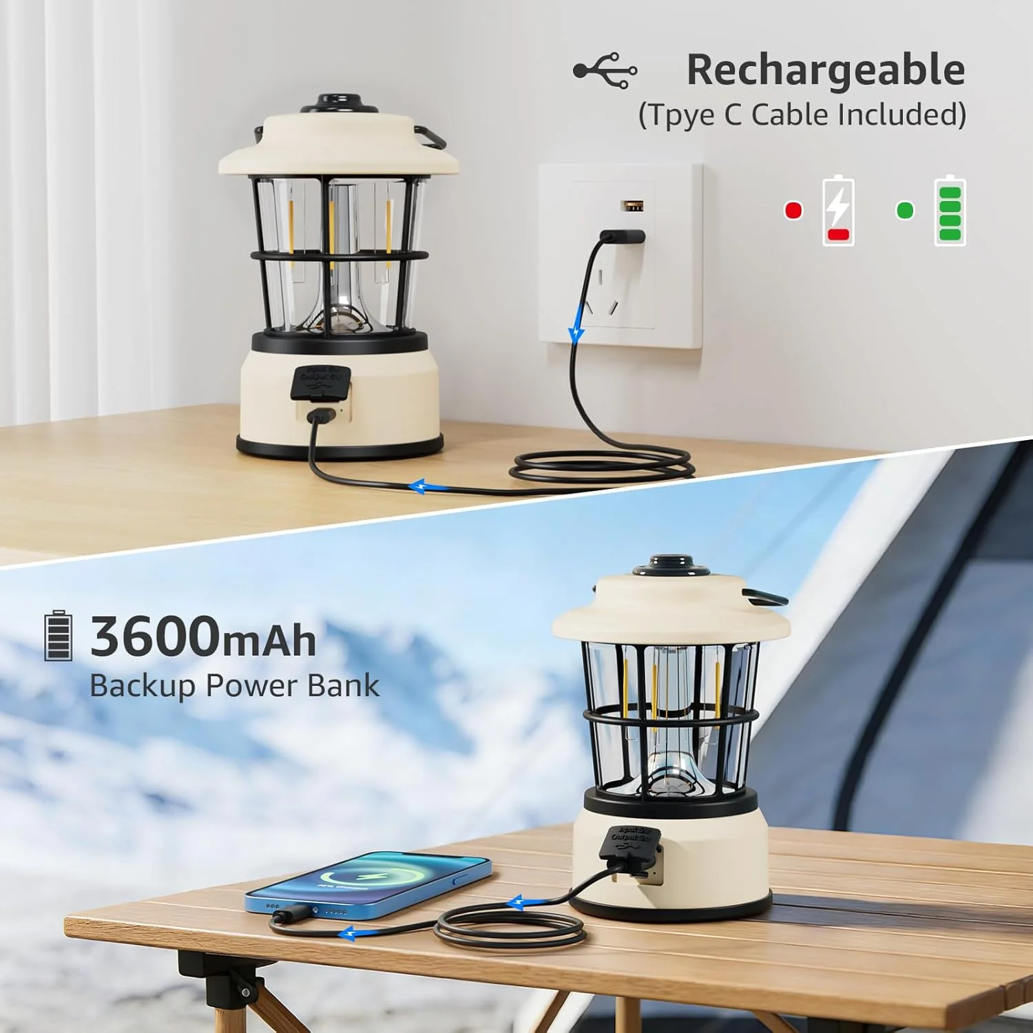 Lepro Rechargeable Camping Lantern, 300LM Retro Camping Tent Light with Knob Control, Dimmable Warm & Cool White, Type-C Charging, 3600mAh Portable Hanging Lamp for Power Cuts, Garden, Fishing, White - Image 4