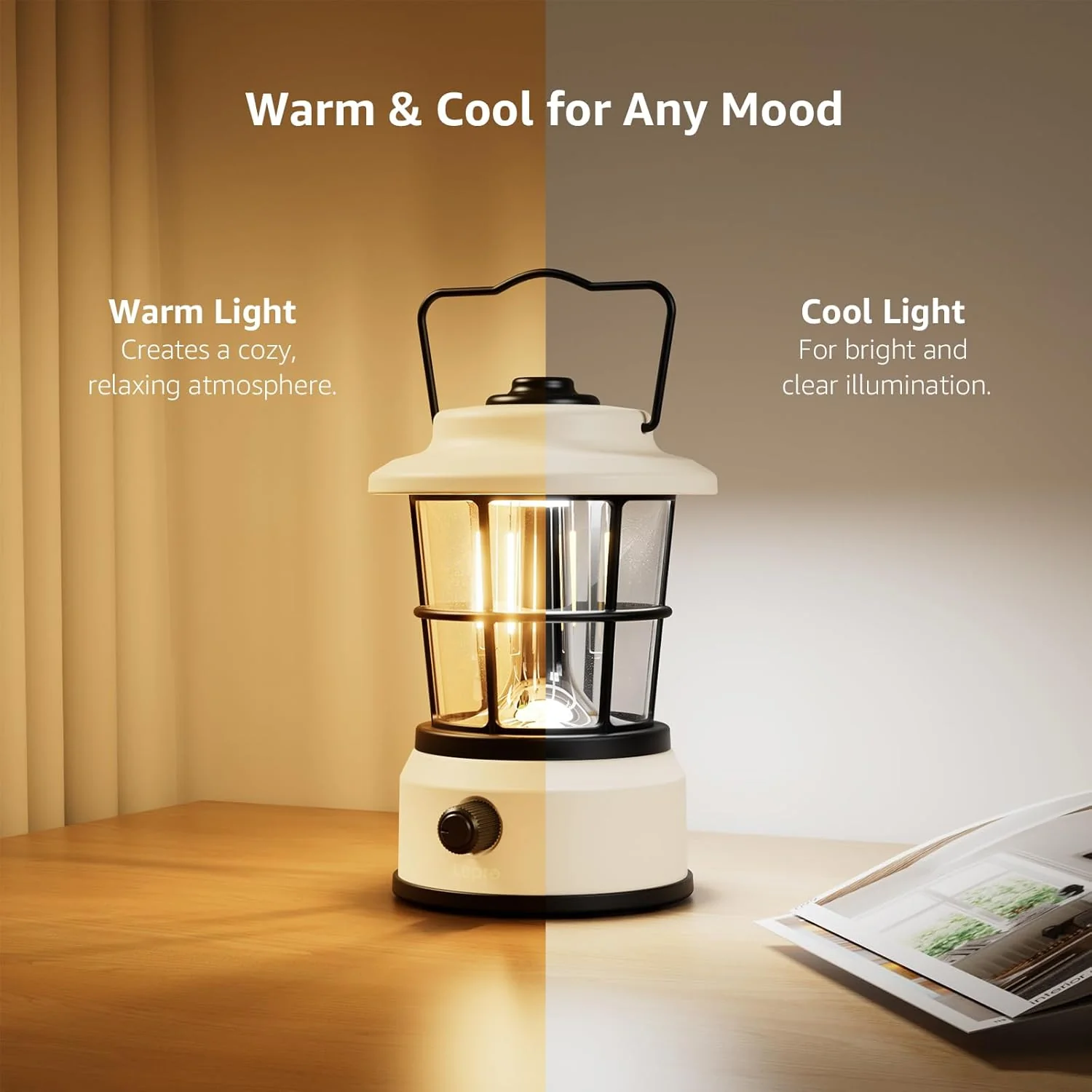 Lepro Rechargeable Camping Lantern, 300LM Retro Camping Tent Light with Knob Control, Dimmable Warm & Cool White, Type-C Charging, 3600mAh Portable Hanging Lamp for Power Cuts, Garden, Fishing, White - Image 7