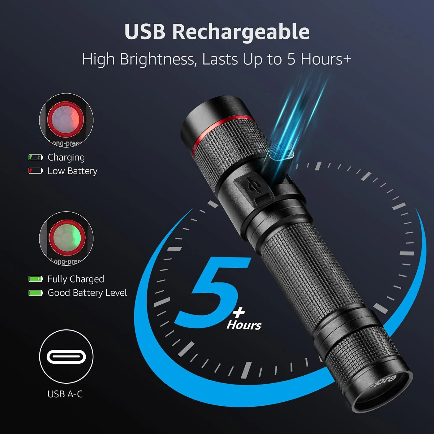 Lepro Rechargeable Torch, 2 Pack Super Bright LED Flashlight, 150m Beam, Long Battery Life, IPX4 Waterproof, 5 Modes, Adjustable Focus, Pocket Sized for Camping, Hiking, Power Cuts, Dog Walking - Image 3
