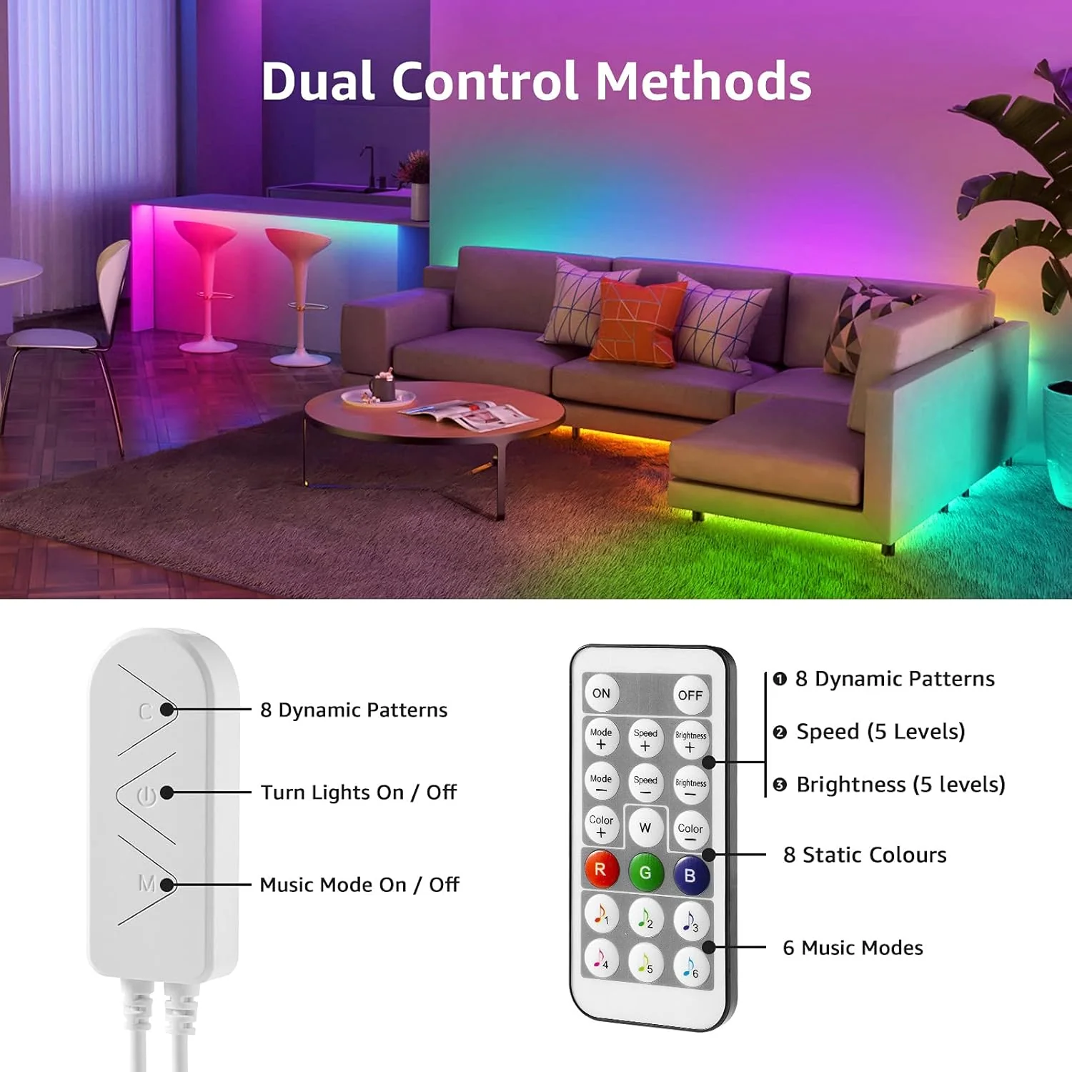 Lepro MagicColor LED Strip Light 10M (5Mx2) 300LEDs, Rainbow Chasing Lights, Music Sync, Multiple Colours on One Line, Remote Control LED Lights for Bedroom, Living Room, Bar, Gaming Time - Image 8