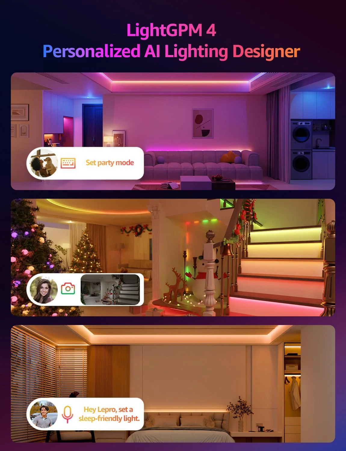 Lepro S2 AI Smart LED Strip Light 10M RGBW+IC, Works with Alexa, Google Assistant, Music Sync, 2400LM White Light, Personalized AI Lighting Designer, Zonal Colour Control LED Lights, App Voice Control - Image 2