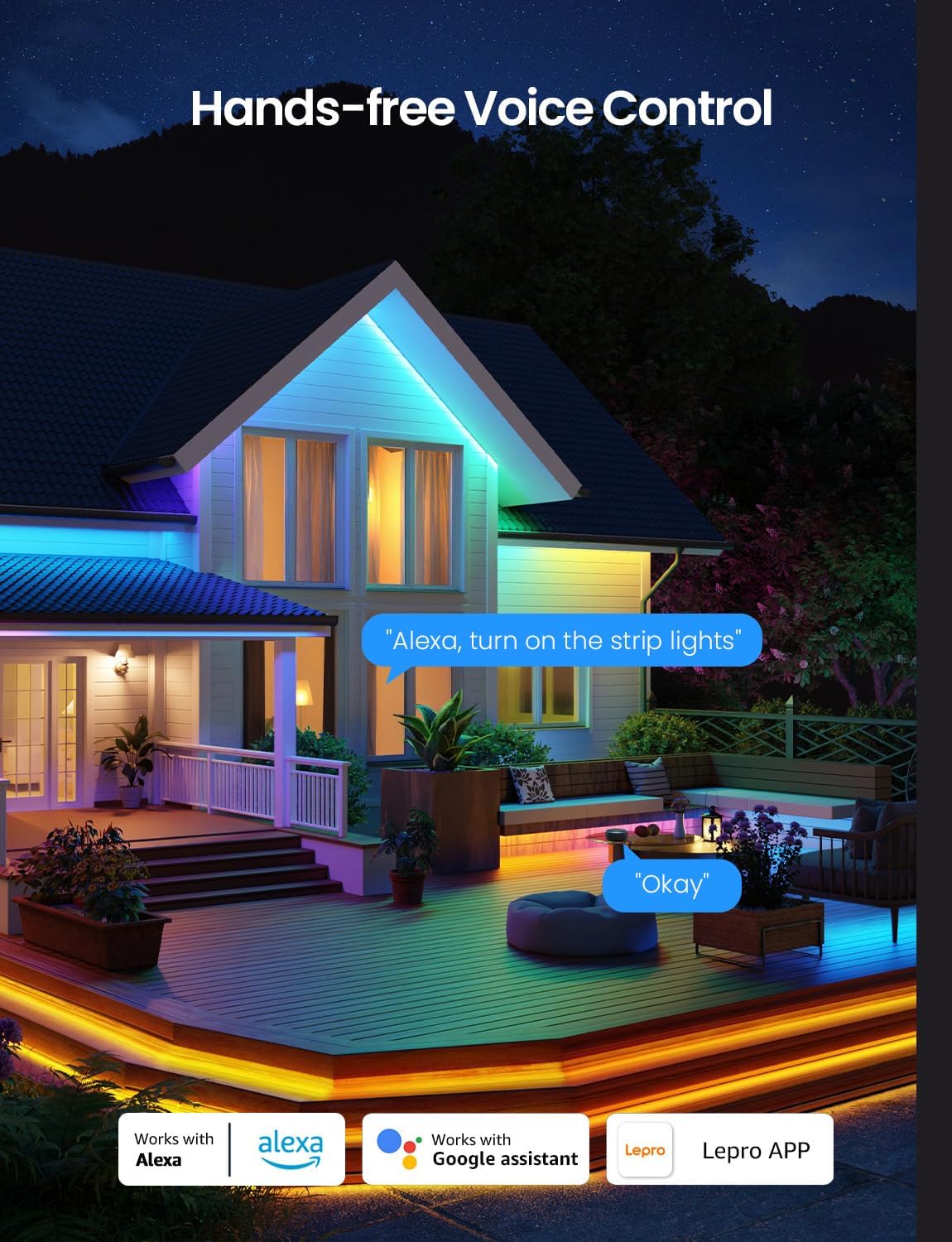 Lepro SW1 AI Smart Outdoor Lights 5M RGBW+IC, IP65 Waterproof LED Strip, Warm to Cool White, DIY Colour, Work with Alexa & Google Assistant, Music Sync, Timer, App & Voice Control - Image 3