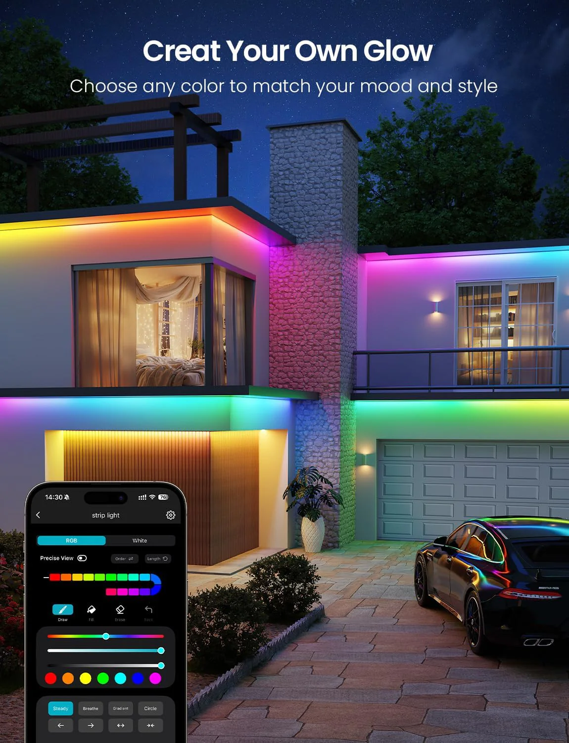 Lepro SW1 AI Smart Outdoor Lights 5M RGBW+IC, IP65 Waterproof LED Strip, Warm to Cool White, DIY Colour, Work with Alexa & Google Assistant, Music Sync, Timer, App & Voice Control - Image 6
