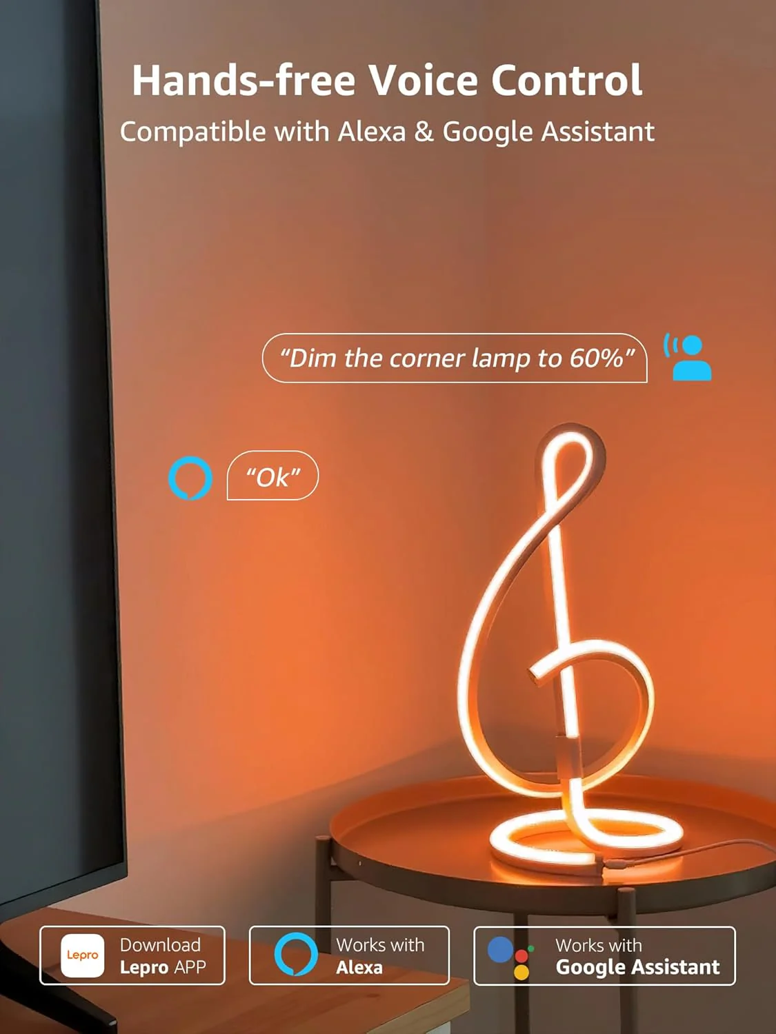 Lepro TB2 AI Table Lamp, Smart LED Lamp with Music Sync, AI Lighting Design Assistant, Colour Changing Smart Table Lamp, Voice Cotrol, Works with Alexa & Google Assistant, Bluetooth & 2.4GHz WiFi - Image 5