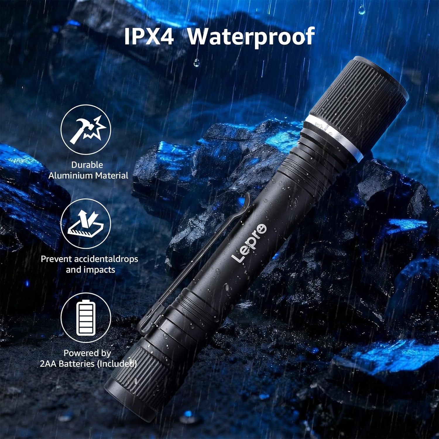 Lepro Torch Battery Powered, Small Bright LED Flashlight with Clip, 3 Modes, IPX4 Waterproof, Anti-Slip Aluminum Body for Camping, Emergency, Dog Walking and Power Cut, Batteries Included [Energy Class A+] - Image 5