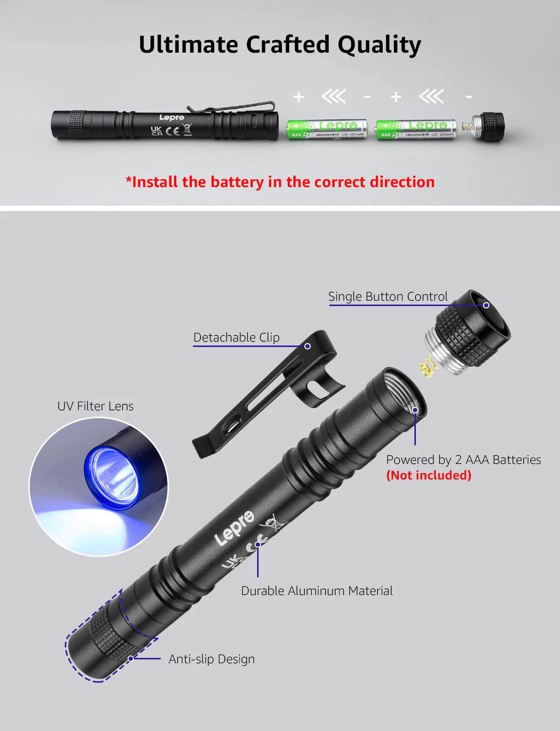 Lepro UV Torch Light, 365nm Ultraviolet Flashlight, Lightweight UV Pen Torch with Clip, High UV Purity, Small UV Light Torch, Black Light Detector for Pet Urine, Stain, Bed Bugs, and More, 2 Packs - Image 4