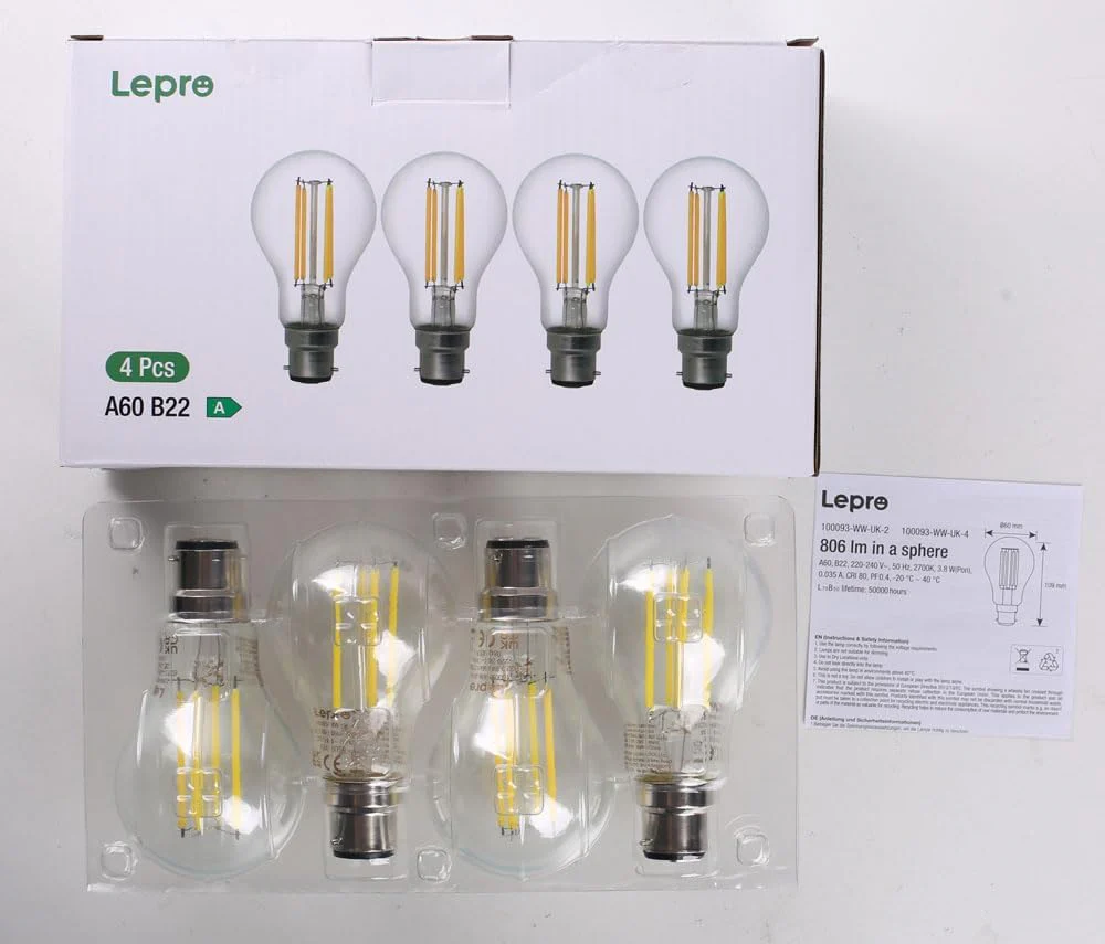 Lepro Vintage Bayonet Light Bulb, Ultra Efficient A-Rated B22 Bulb, 3.8W = 60W, 806lm, 2700K Warm White, 50000H Lifespan, Clear Filament, Glass, Non-dimmable, Pack of 4 - Image 9
