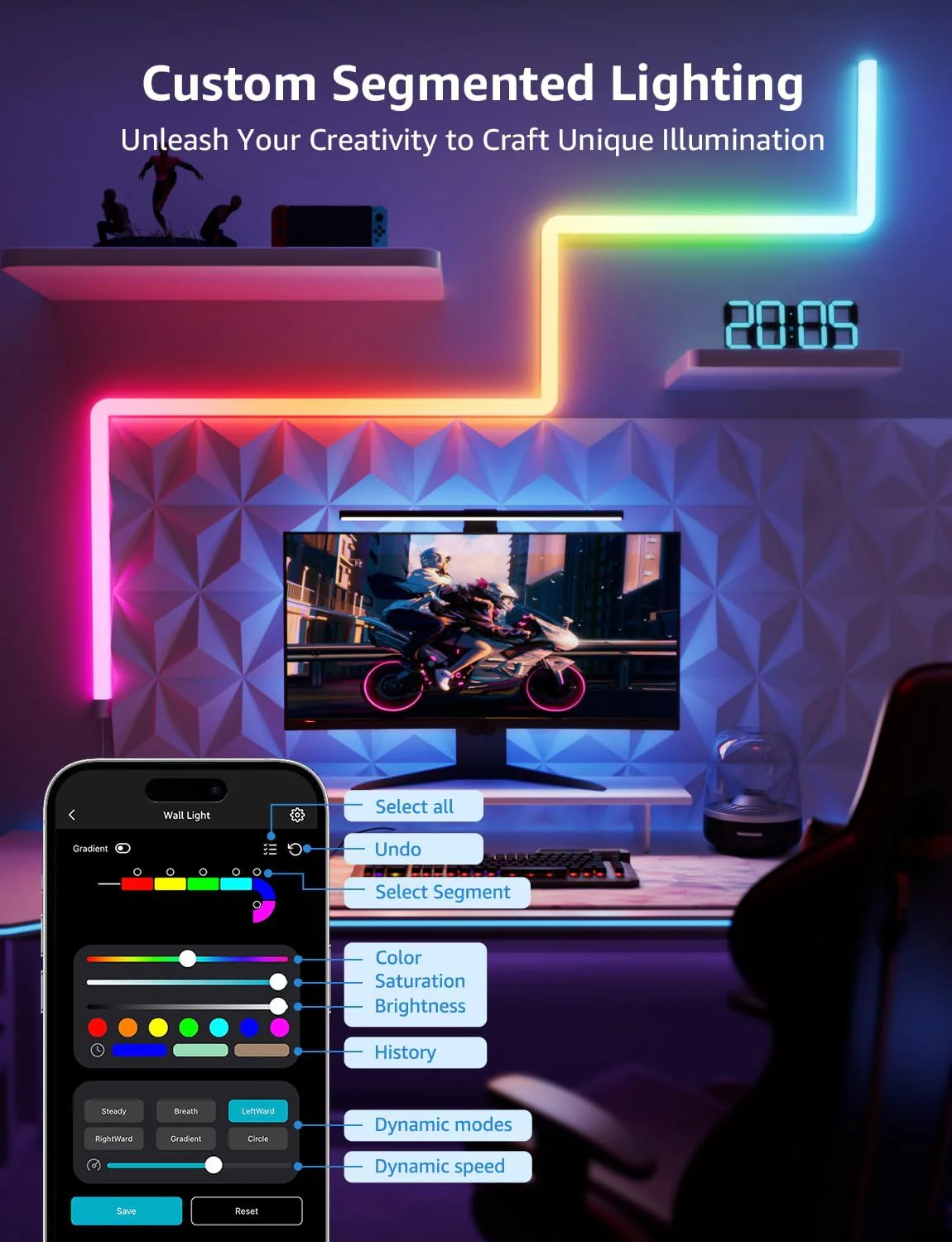 Lepro WL1 AI Smart Wall Light, Music Sync RGB Light Bar, Voice Control, AI Lighting Design Assistant, Mood Light for Home Decor, Gaming Light, Work with Alexa, Google Assistant,6 Pcs with 4 Corners - Image 10