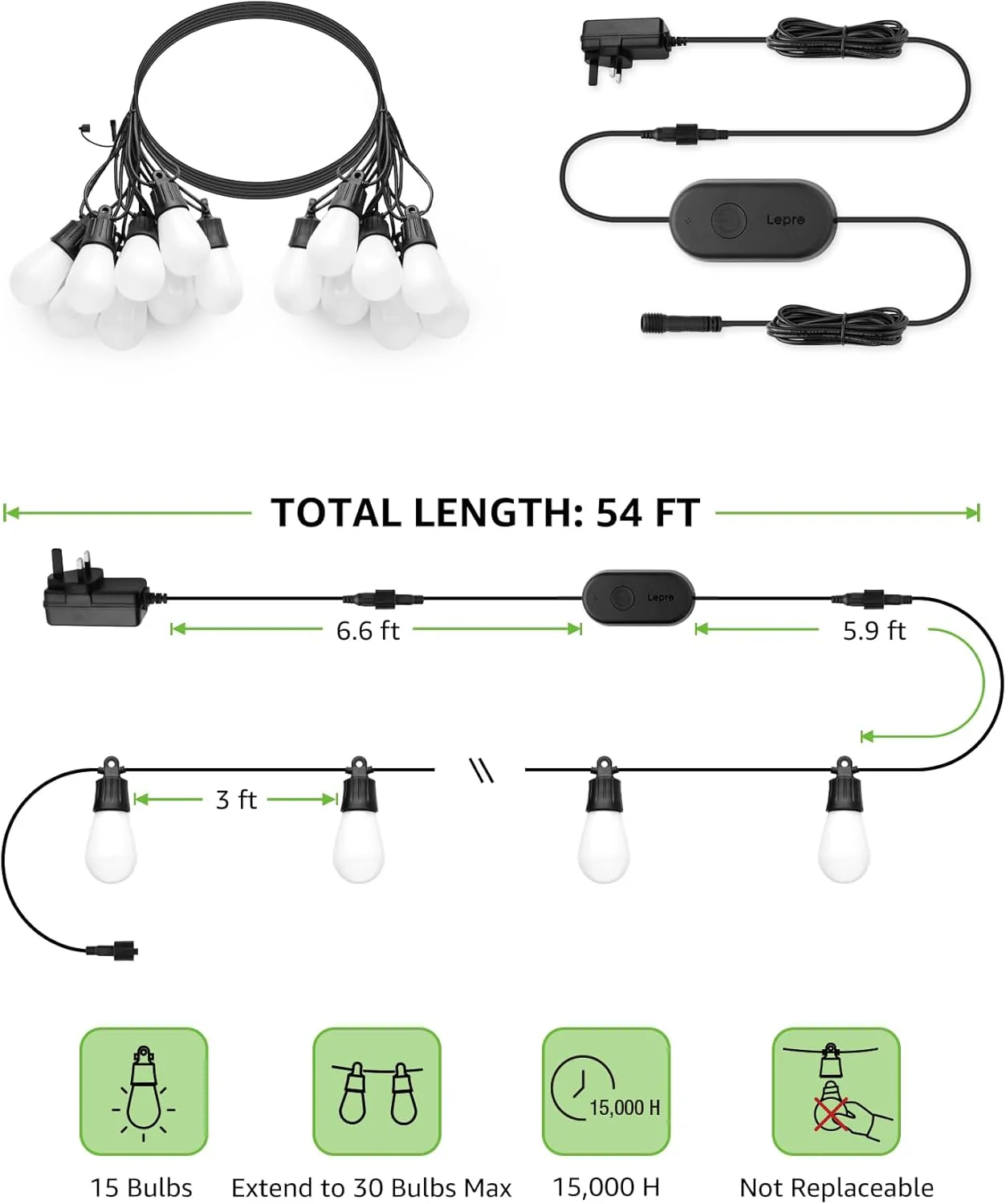 Lepro ZB1 AI Outdoor String Lights 15m, Smart Outdoor Lights Waterproof IP65, Dimmable Warm White Garden String Lights, AI Lighting Design Assistant, Works with Alexa, Bluetooth & 2.4G WiFi, No Remote - Image 7