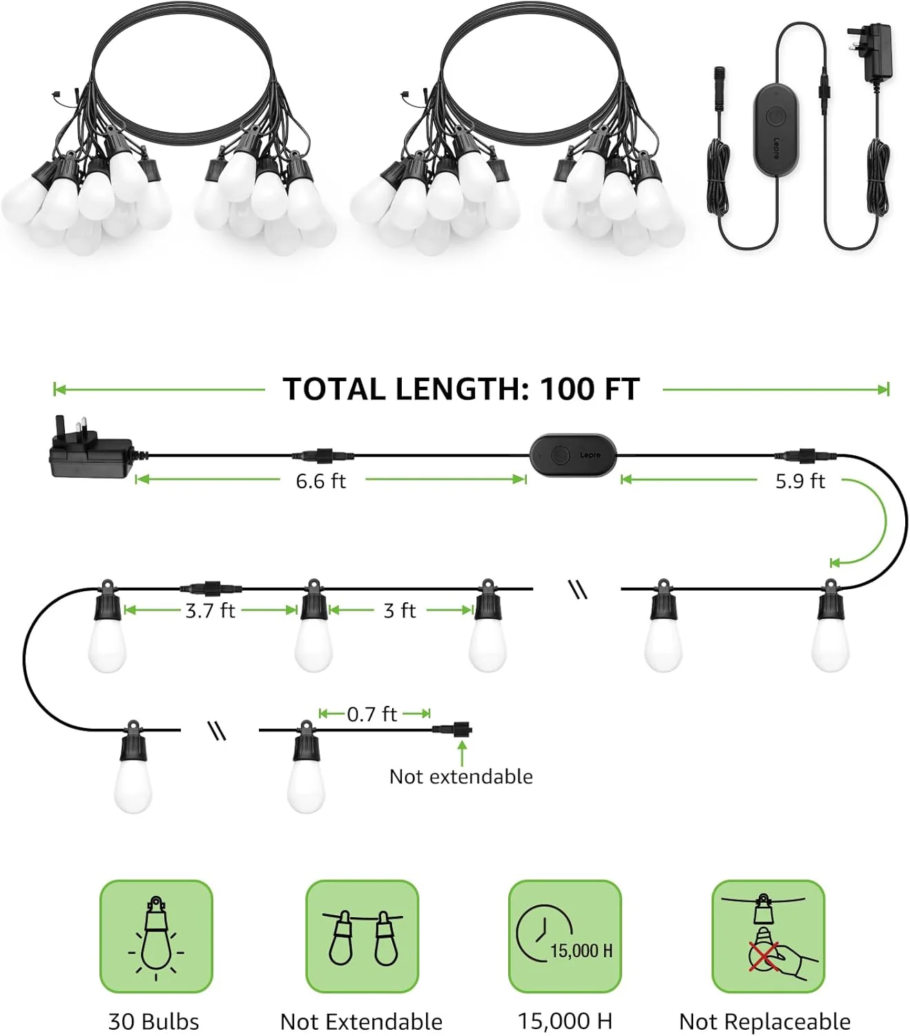 Lepro ZB1 AI Outdoor String Lights 30m, Smart Outdoor Lights Waterproof IP65, Dimmable Warm White Garden String Lights, AI Lighting Design Assistant, Works with Alexa, Bluetooth & 2.4G WiFi, No Remote - Image 7