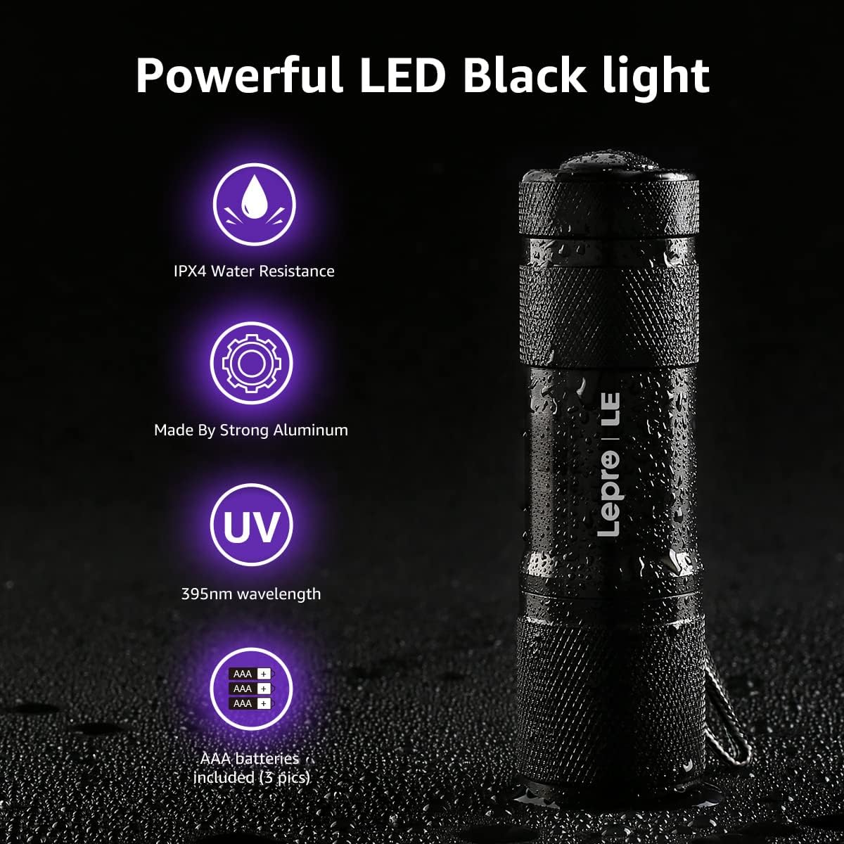 Lighting EVER Lepro LE UV Torch, 9 LED 395nm Ultraviolet Flashlight, Blacklight Detector for Pet Urine, Stain, Bed Bugs and More, 6 AAA Batteries Included - Image 9