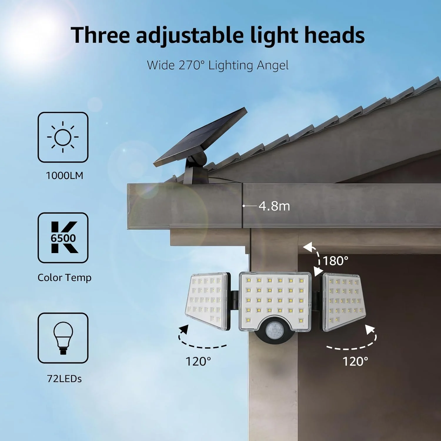Lepro Solar Security Lights Outdoor Motion Sensor, 1200LM Solar Flood Lights with Separate Solar Panel, IP65 Waterproof, Adjustable 3Heads, Solar Pir Wall Lights for Yard Garage Pathway - Image 3