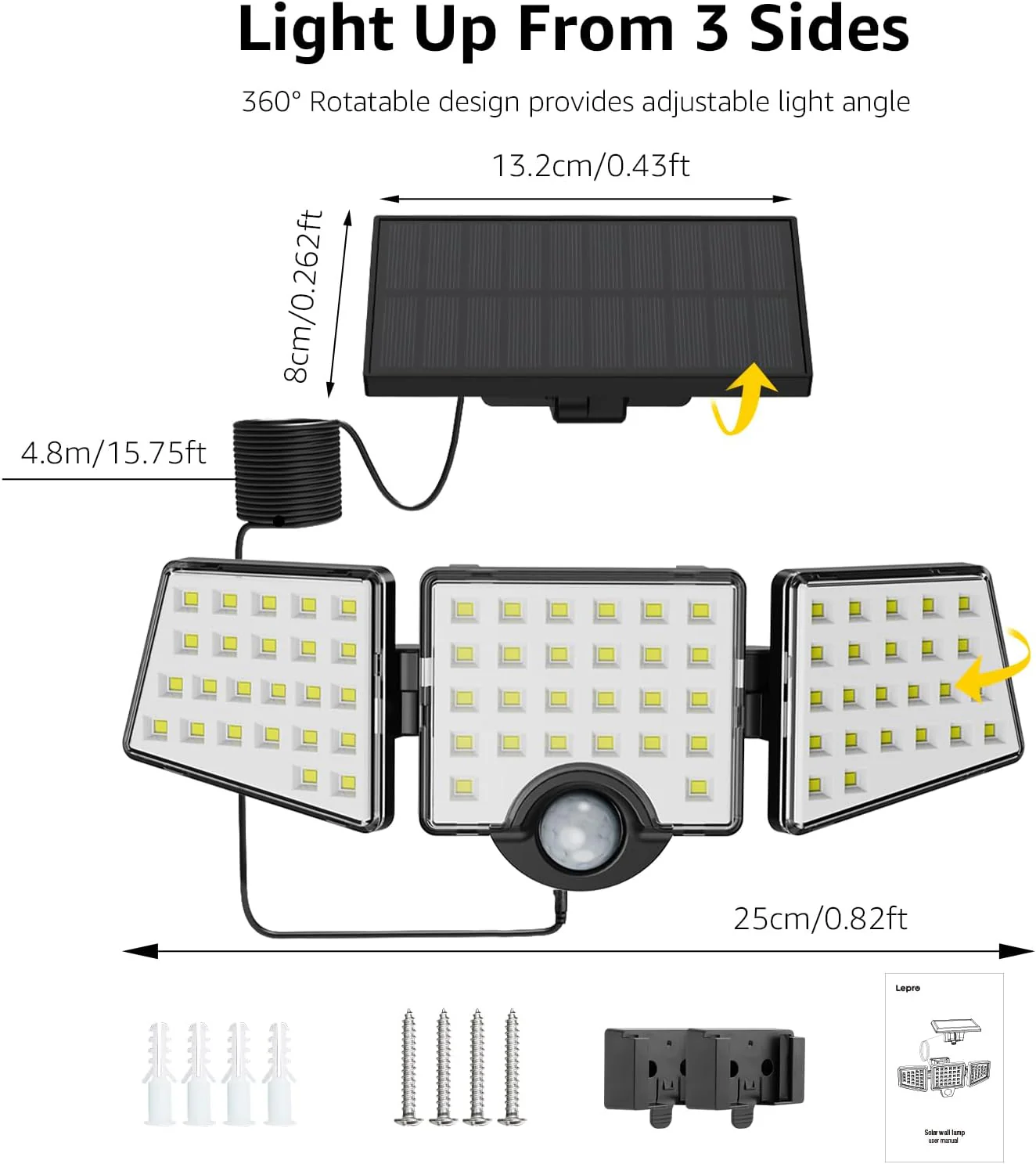 Lepro Solar Security Lights Outdoor Motion Sensor, 1200LM Solar Flood Lights with Separate Solar Panel, IP65 Waterproof, Adjustable 3Heads, Solar Pir Wall Lights for Yard Garage Pathway - Image 6
