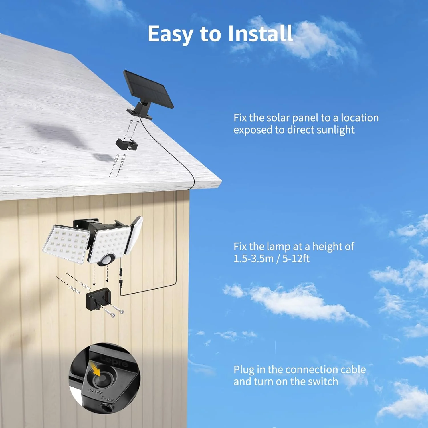 Lepro Solar Security Lights Outdoor Motion Sensor, 1200LM Solar Flood Lights with Separate Solar Panel, IP65 Waterproof, Adjustable 3Heads, Solar Pir Wall Lights for Yard Garage Pathway - Image 8