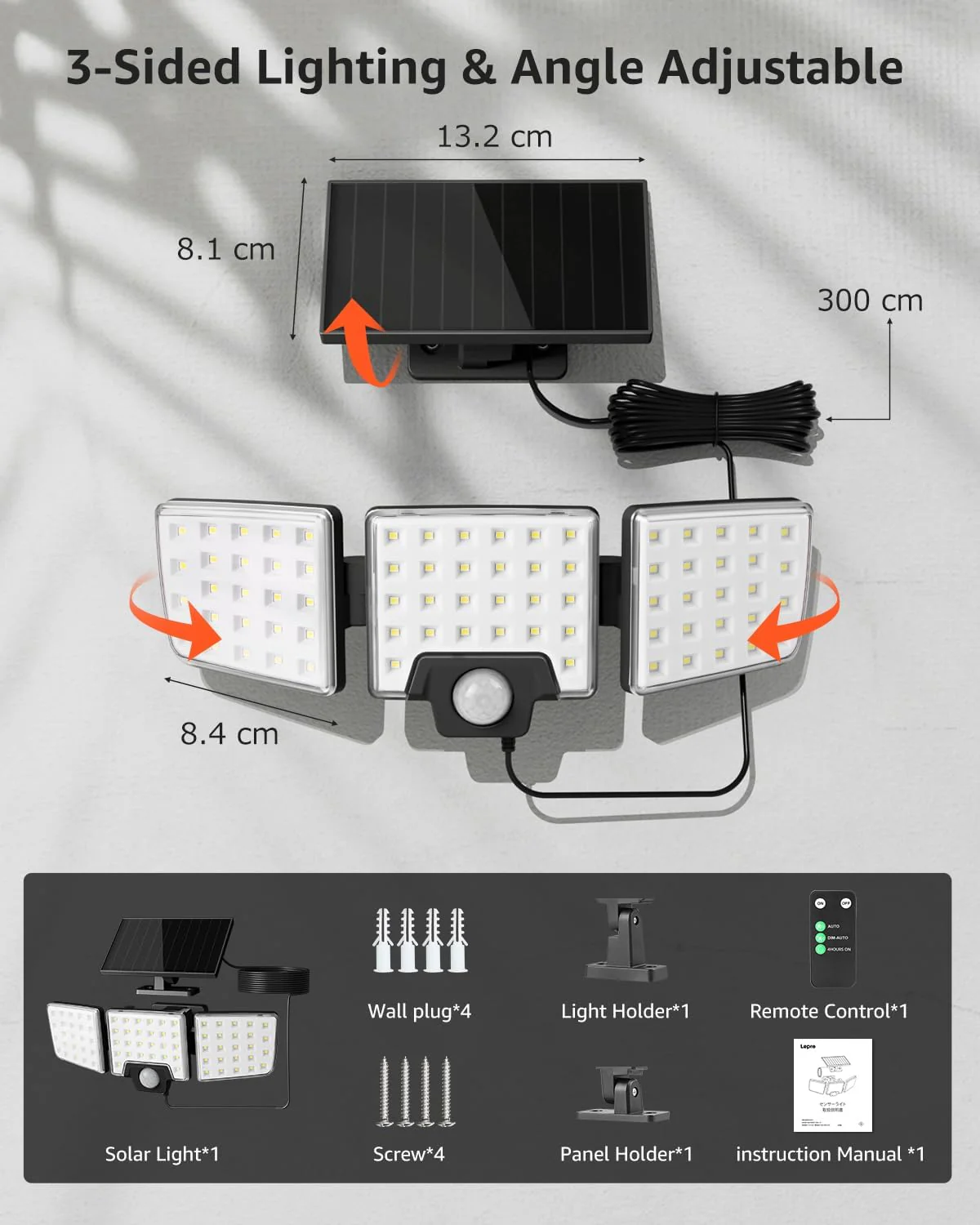 Lepro Solar Security Lights Outdoor Motion Sensor, 2 in 1 Separated and Integrated Remote Control IP65 Waterproof Solar Lights with 2 Light Modes, 3 Heads Solar Floodlight for Garden Yard - Image 7