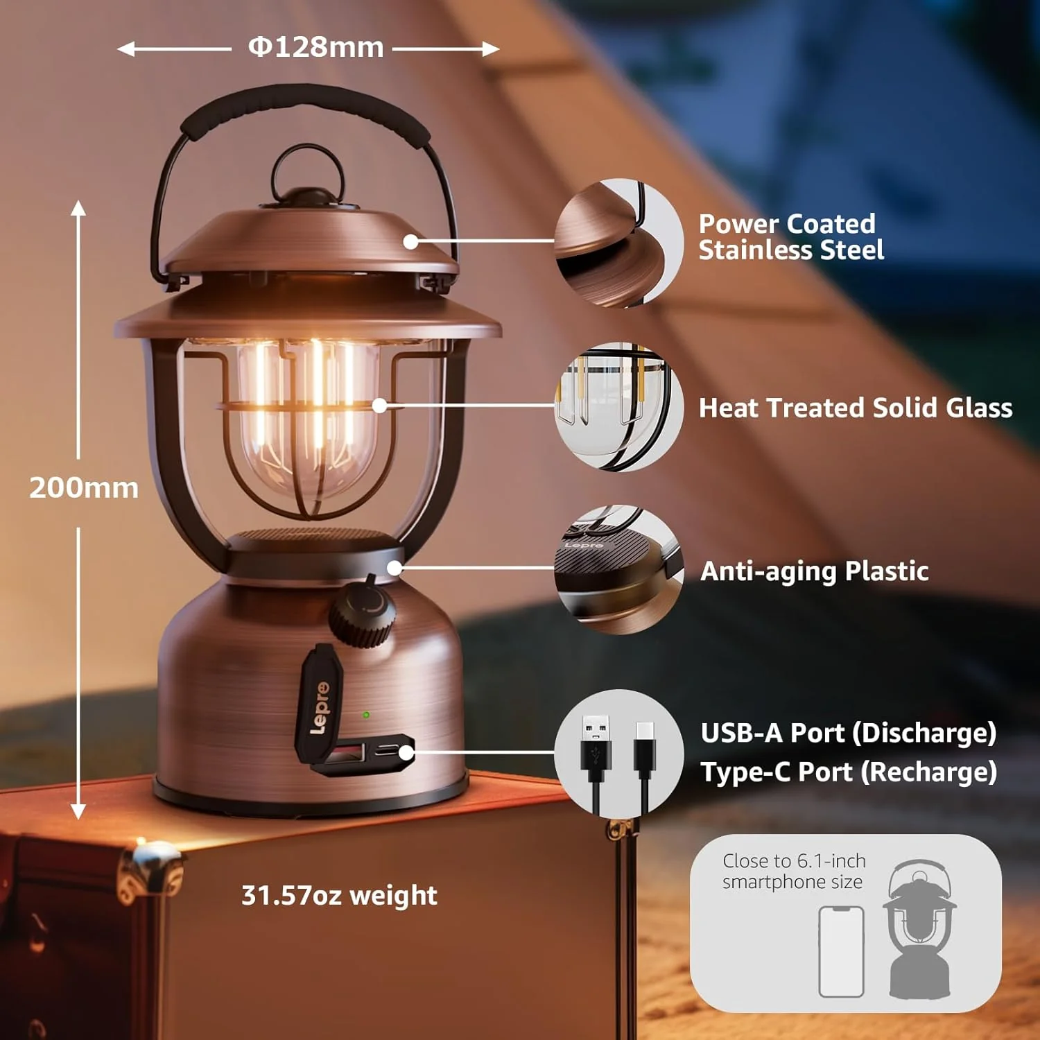 Lepro Retro Camping Lantern, Rechargeable Camping Light with 15000mAh Power Bank, Dimmable 1000 Lumen, Long Battery Life, Rechargeable Lantern for Camping Tent, Power Cuts, Storm, Type C Cable - Image 4