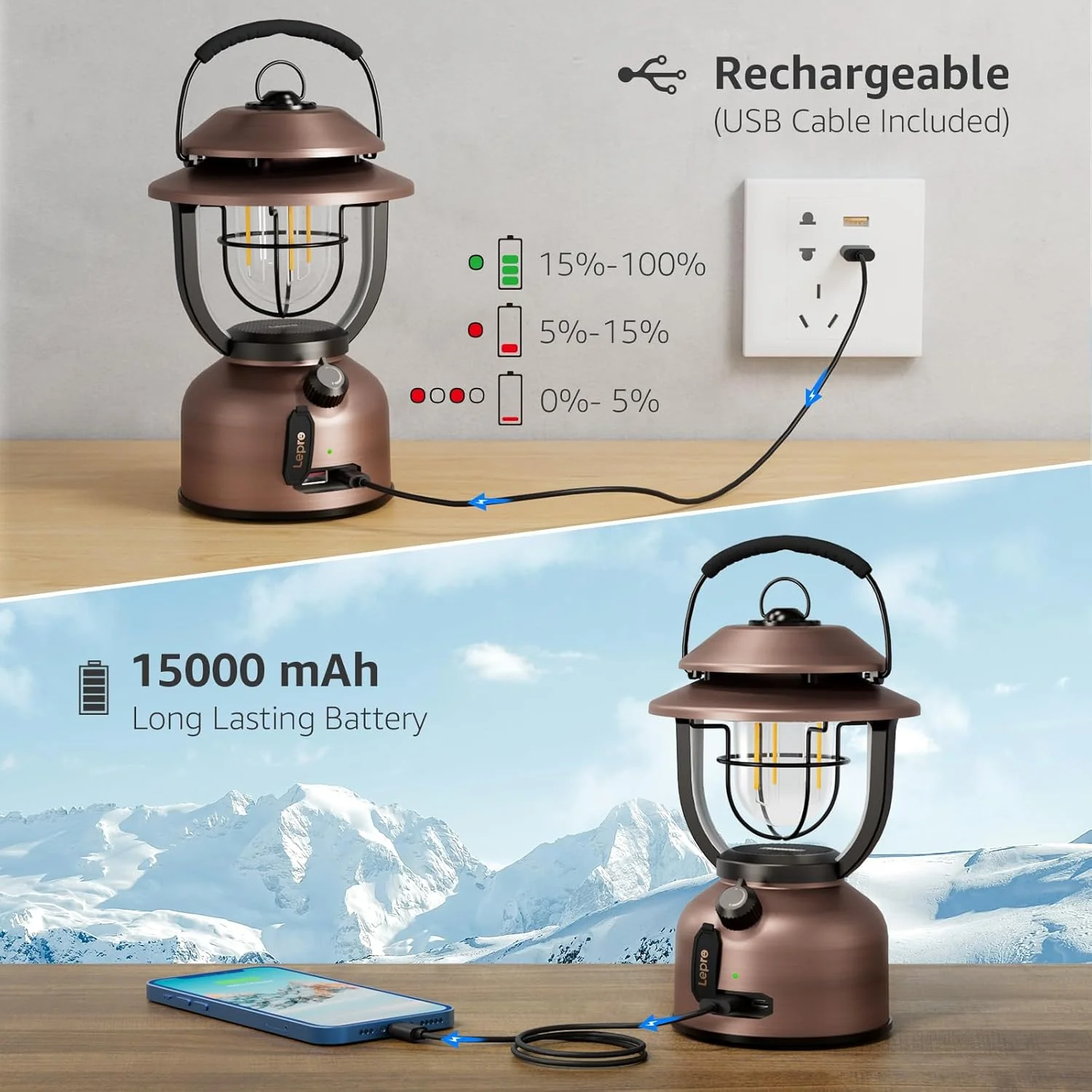 Lepro Retro Camping Lantern, Rechargeable Camping Light with 15000mAh Power Bank, Dimmable 1000 Lumen, Long Battery Life, Rechargeable Lantern for Camping Tent, Power Cuts, Storm, Type C Cable - Image 5