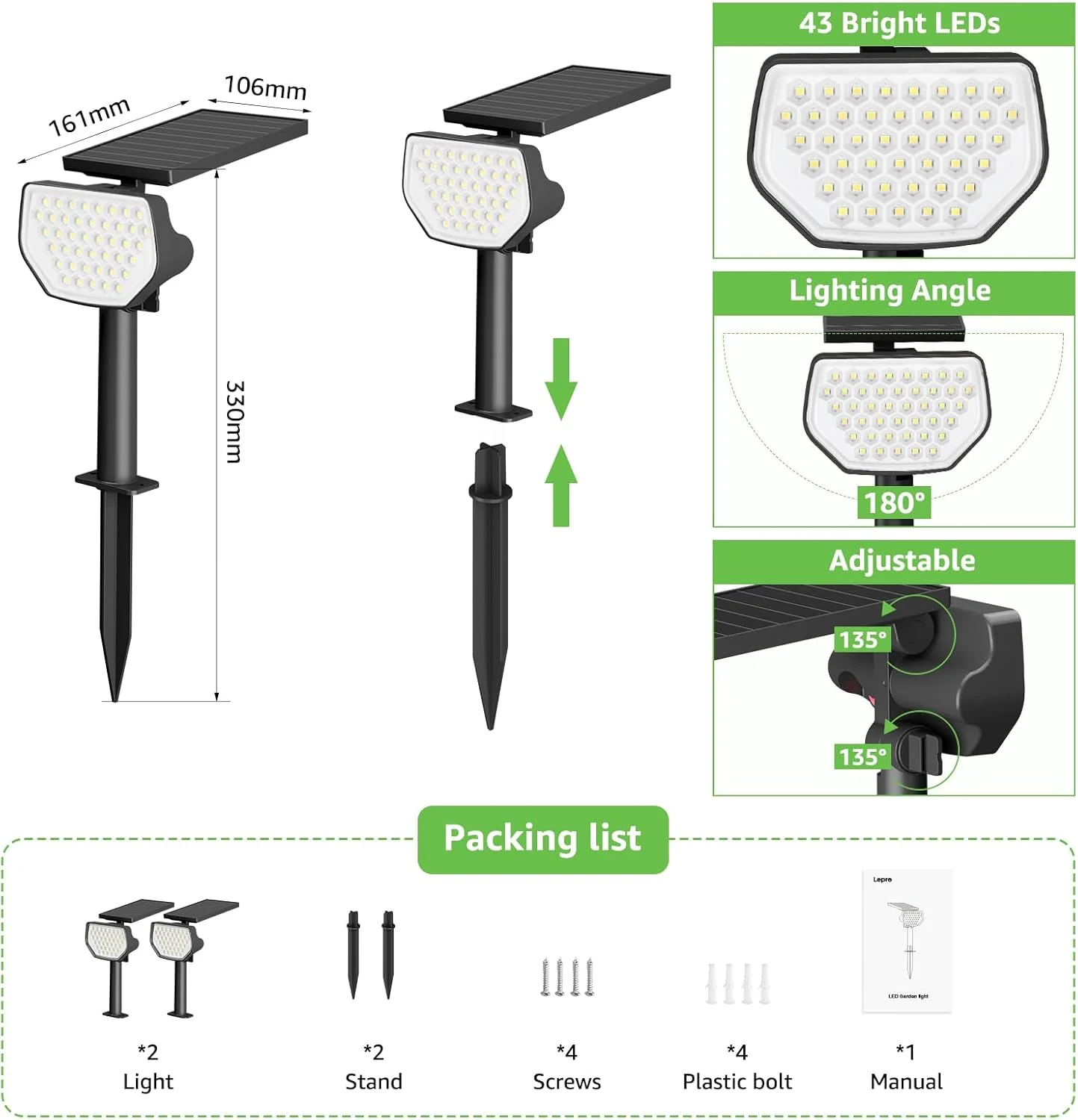 Lepro Solar Spot Lights Outdoor Garden, 43 LED Solar Garden Lights with IP65 Waterproof, 2 Lighting Modes, 135° Adjustable, Dusk-to-Dawn Cool White Solar Spotlights for Lawn Yard [2 Pack] - Image 9