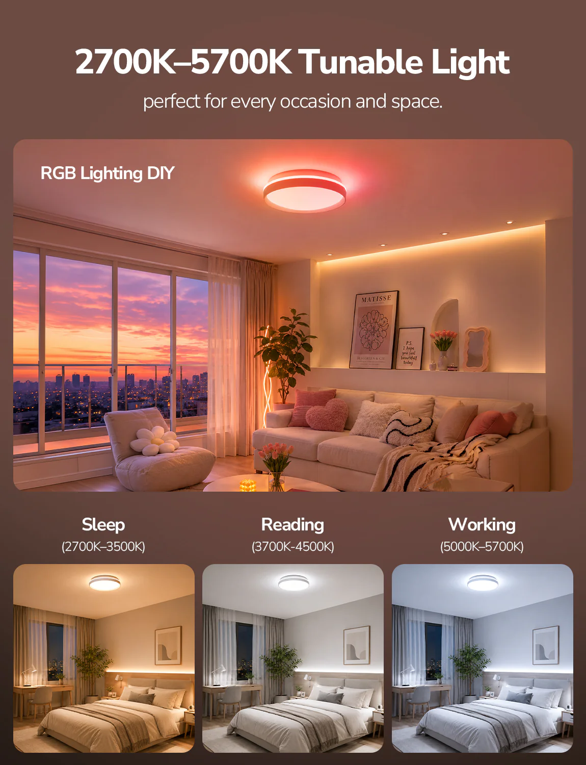 Lepro T1 AI Smart Ceiling Light 24W, Music Sync, AI Generated Lighting LLM, Voice Control, IP44 Waterproof Bathroom Light, Color Changing Ceiling Light WiFi, Work with Alexa Google Assistant, Ø29.4CM - Image 6
