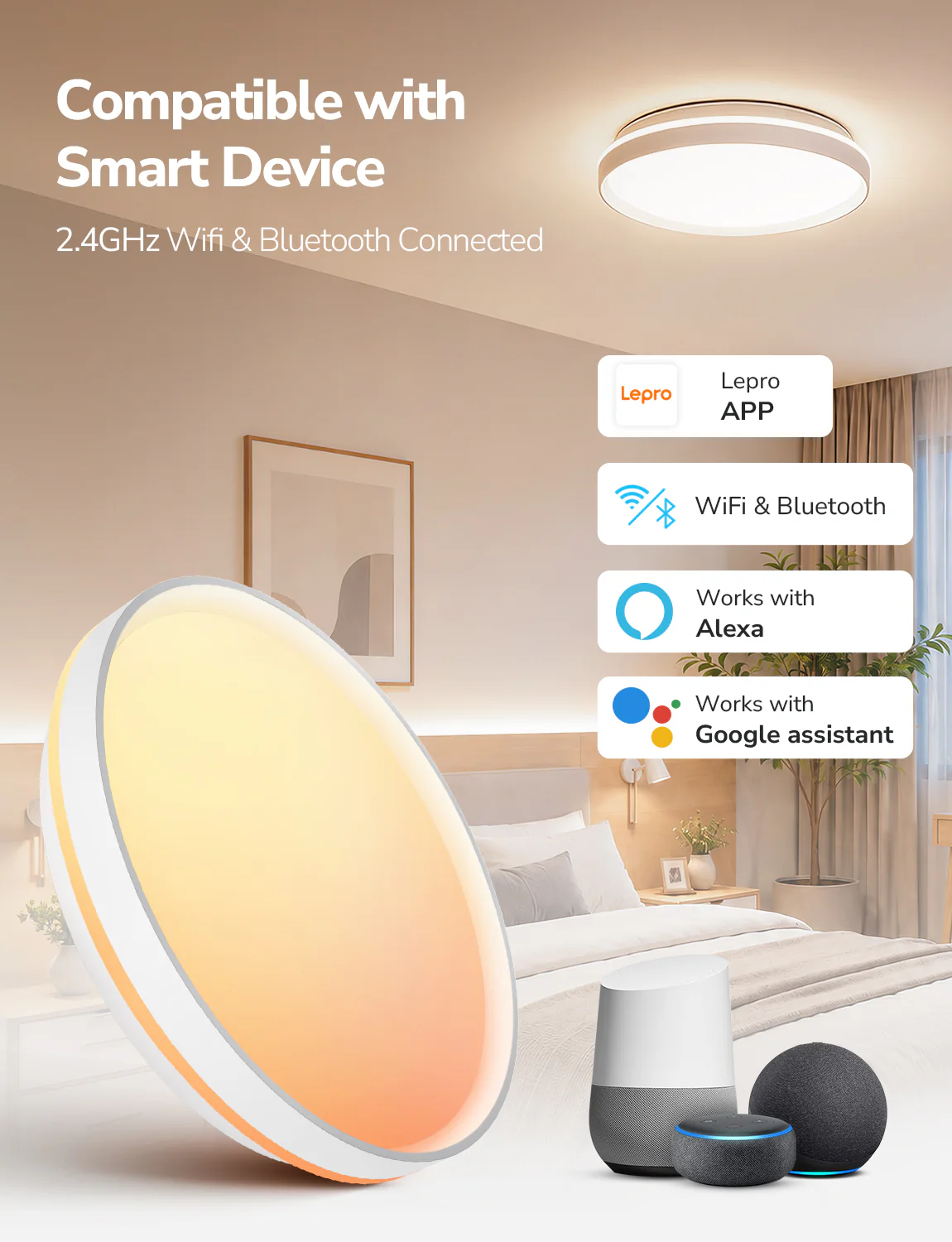 Lepro T1 AI Smart Ceiling Light 24W, Music Sync, AI Generated Lighting LLM, Voice Control, IP44 Waterproof Bathroom Light, Color Changing Ceiling Light WiFi, Work with Alexa Google Assistant, Ø29.4CM - Image 8